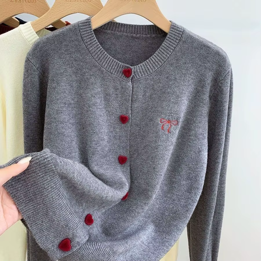 Cardigan en tricot pour femme 2025, broderie nœud, col rond, boutonnage simple, boutons en forme de 