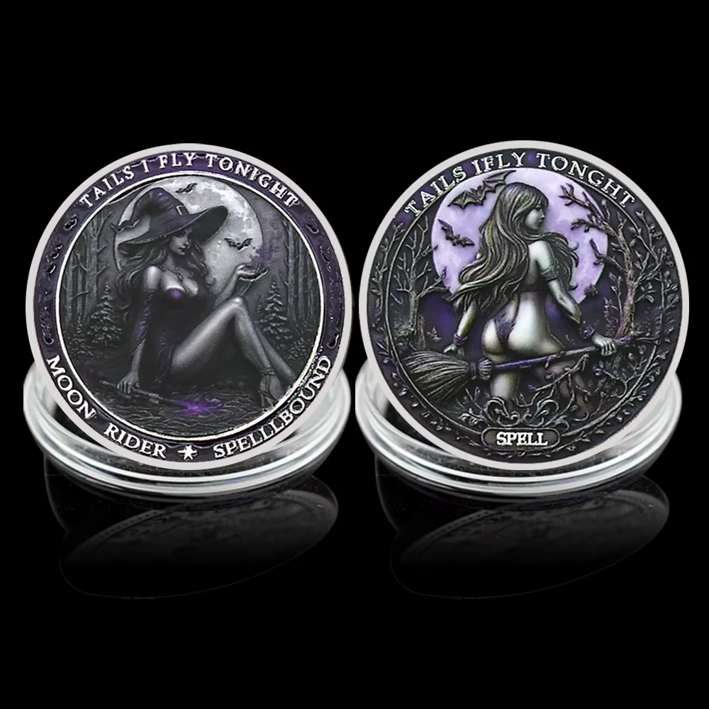 Queues I Fly Tonight" Monnaie de sorcière Moon Rider et design à spirale avec thème chauve-souris et