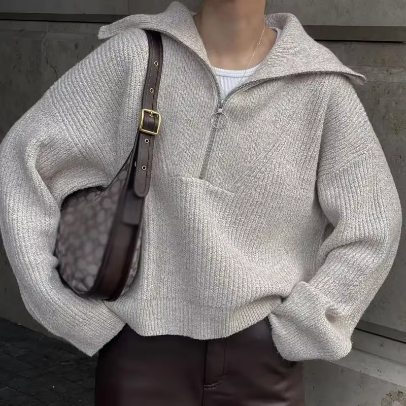 Pull monochrome à manches longues pour femme, pull tout match pour femme, revers décontracté, fermet