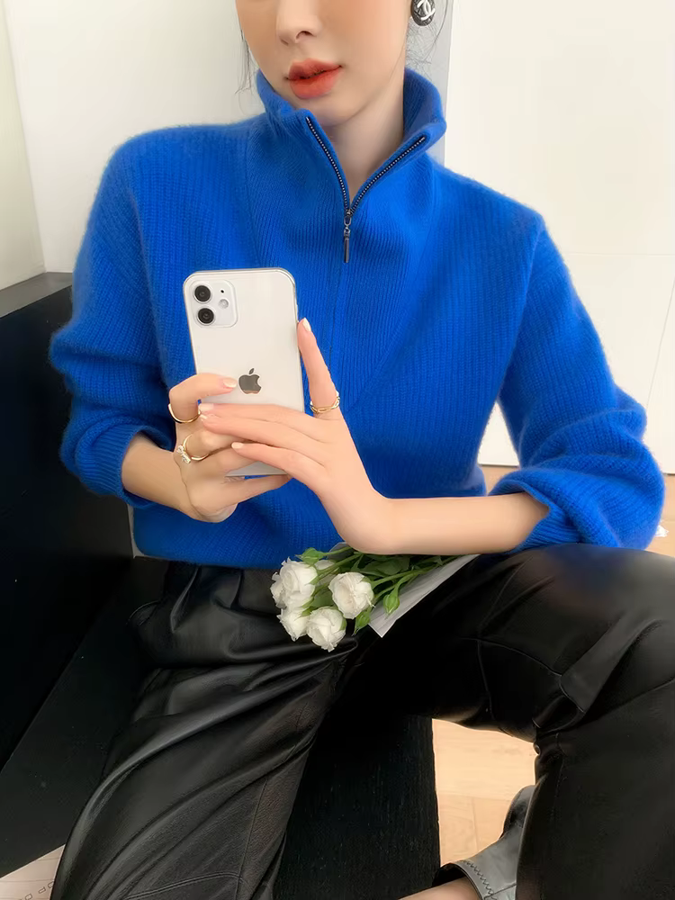 Pull en cachemire pour femmes, avec revers Vertical, demi-fermeture éclair épaisse, coupe paresseuse