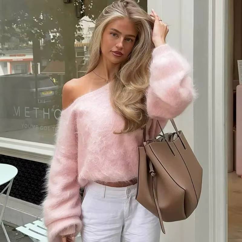 Talenza femmes pull en peluche mode solide ample haute rue chandails Vintage Chic sans bretelles aut