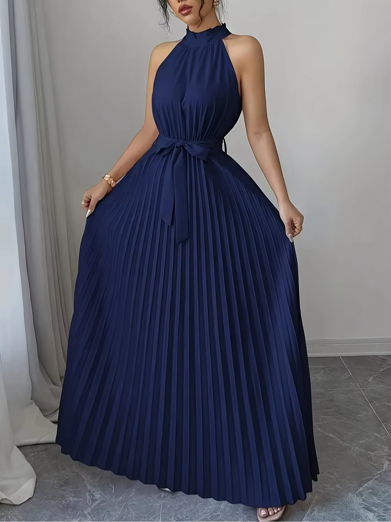 Robe élégante à col halter et épaules dénudées pour femme, mode estivale, longue et ample, effet fro