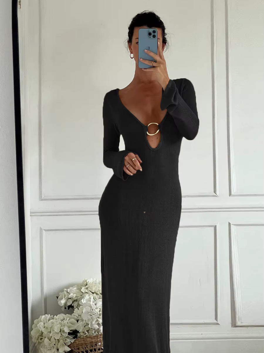 Robe maxi plongeante à col en V profond, dos ouvert, manches longues, robes de plage sexy, tenues de