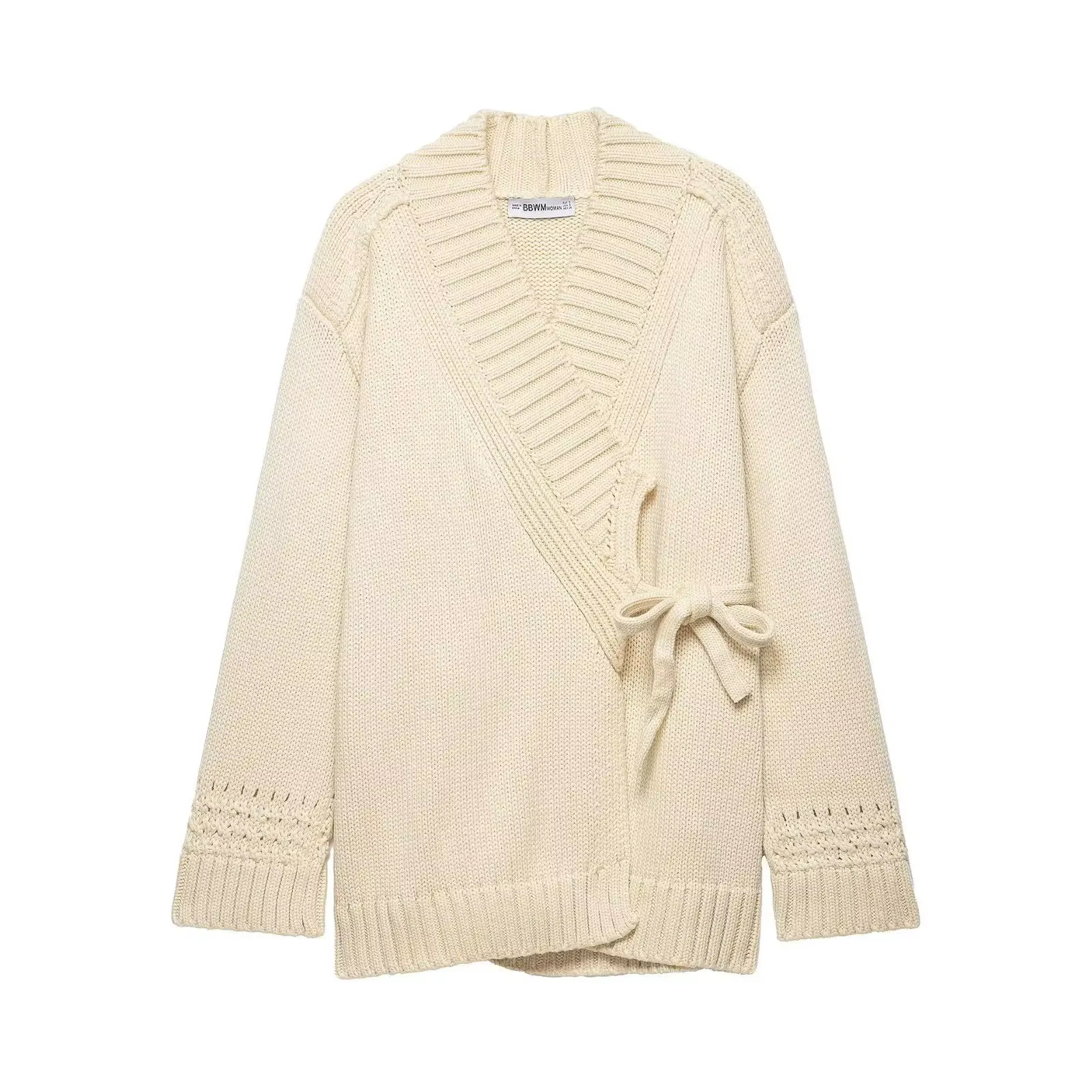 Cardigan en tricot pour femme HH, style kimono, col montant, manches longues, avec lacets décoratifs
