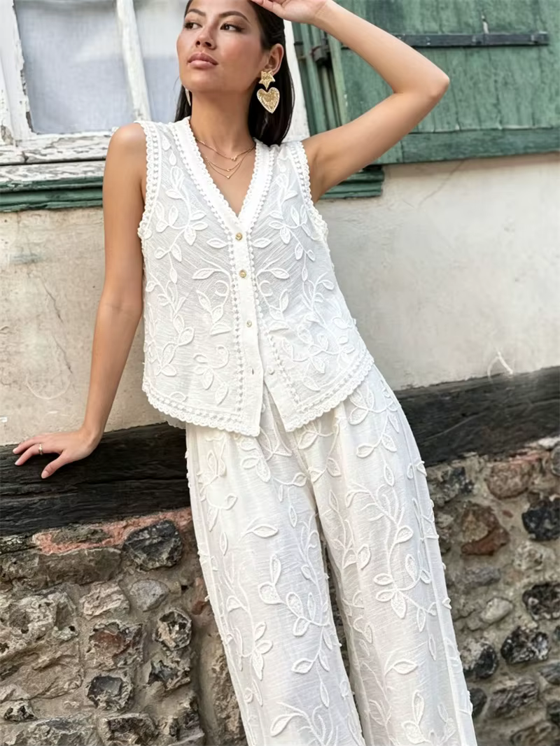 Ensemble gilet et pantalon blancs brodés en jacquard, sexy, 2 pièces, sans manches, pour soirée, déc