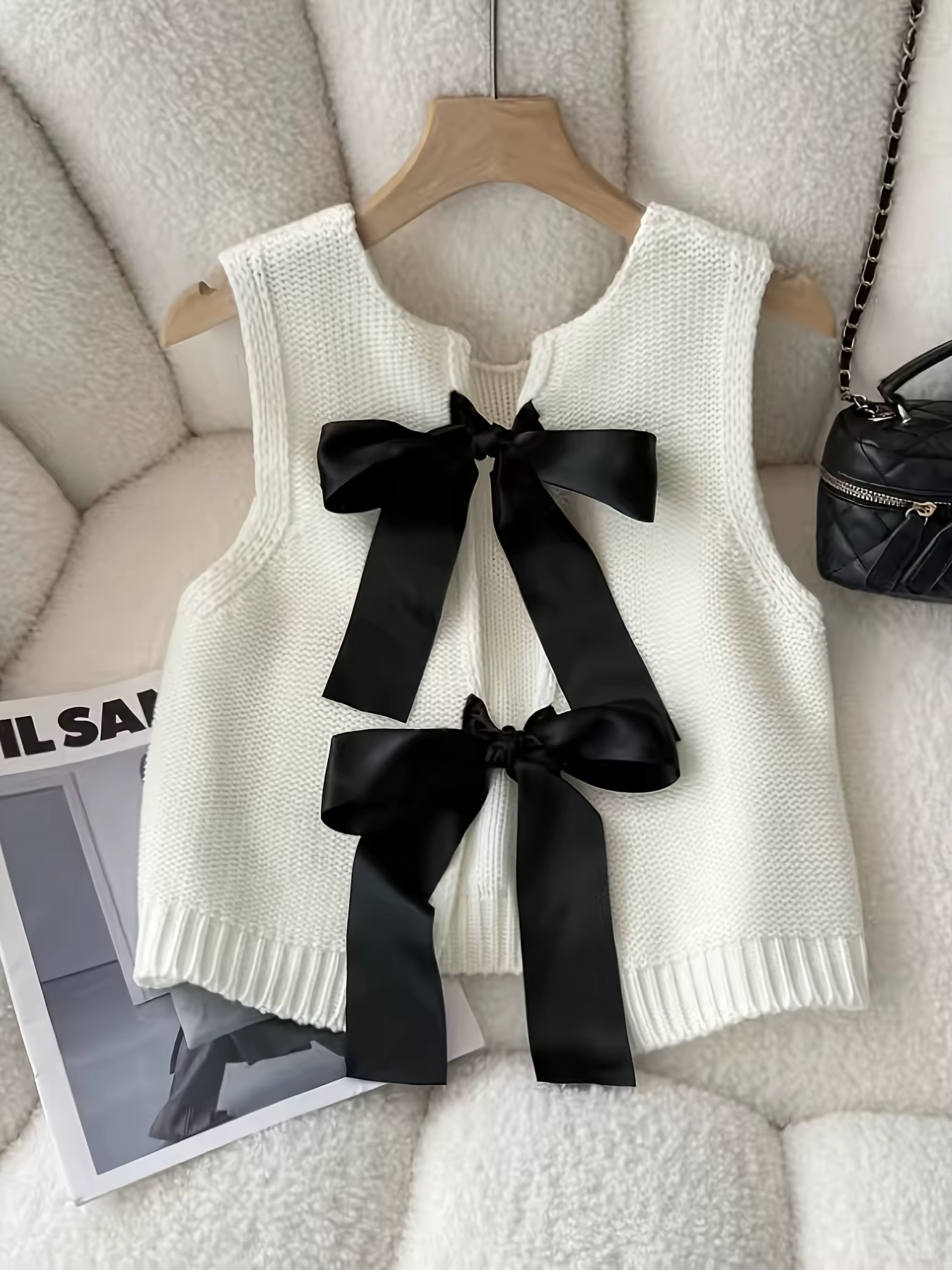 Gilet tricoté sans manches avec nœud décoratif pour femme – Haut décontracté et mignon en maille – T