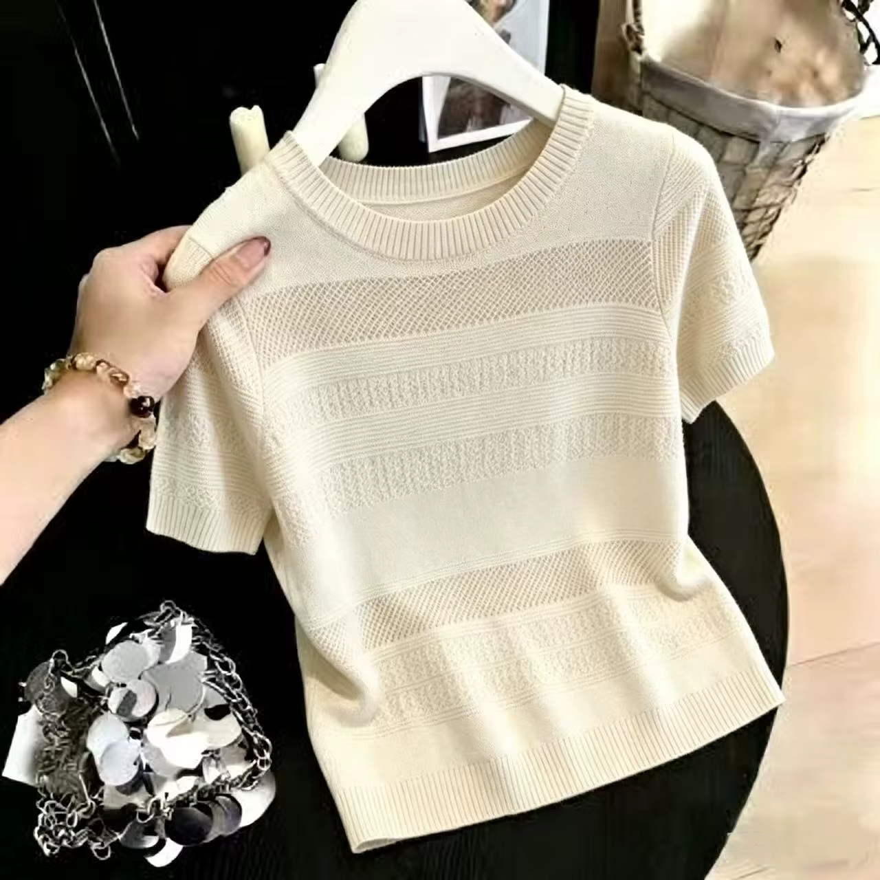 Nouveau pull tricoté ajouré à col rond pour femme, manches courtes, collection été Q5368