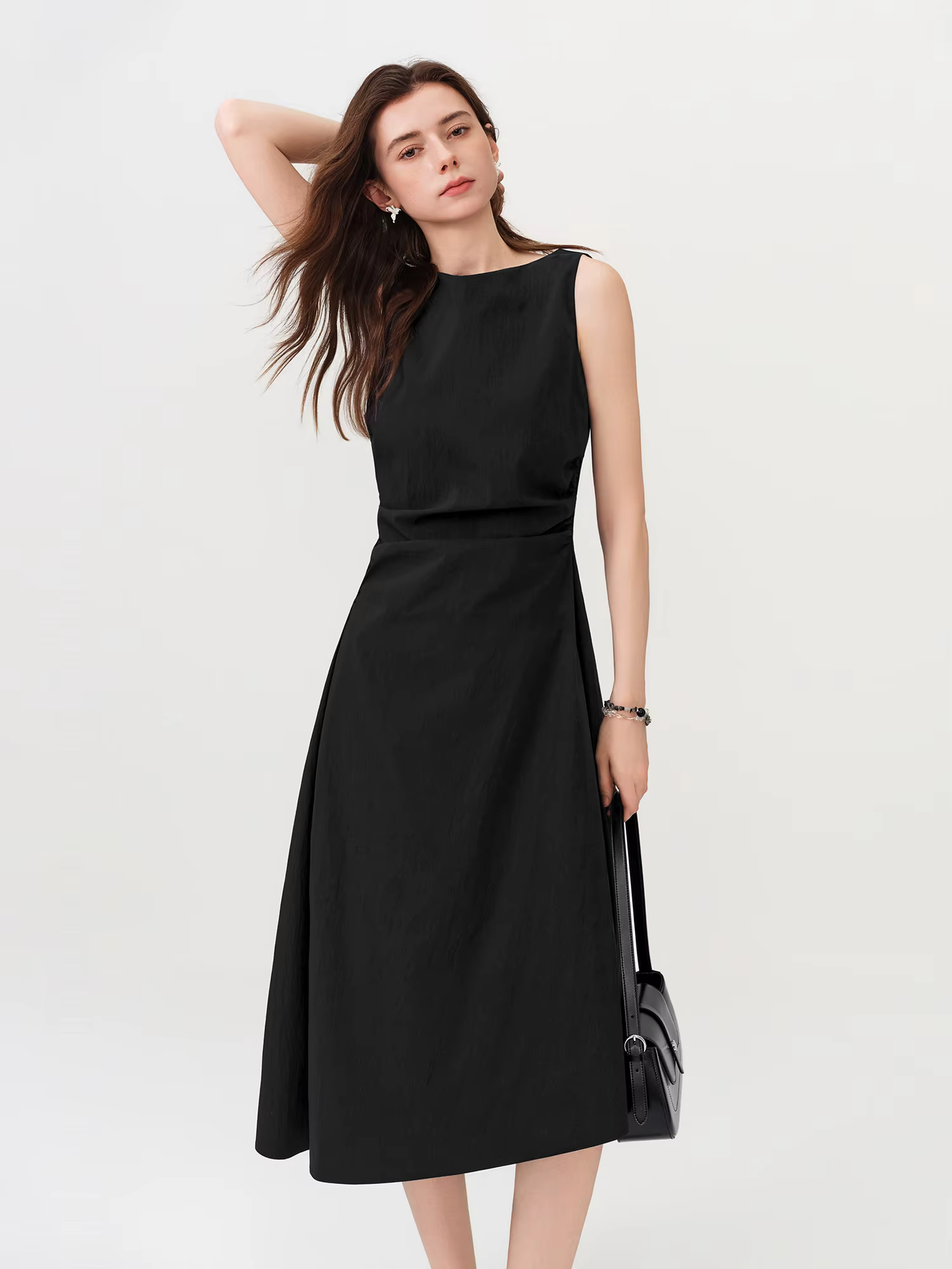 Robe trapèze sans manches FSLE bleue en pur coton 2026 style français froncée amincissante pour le b