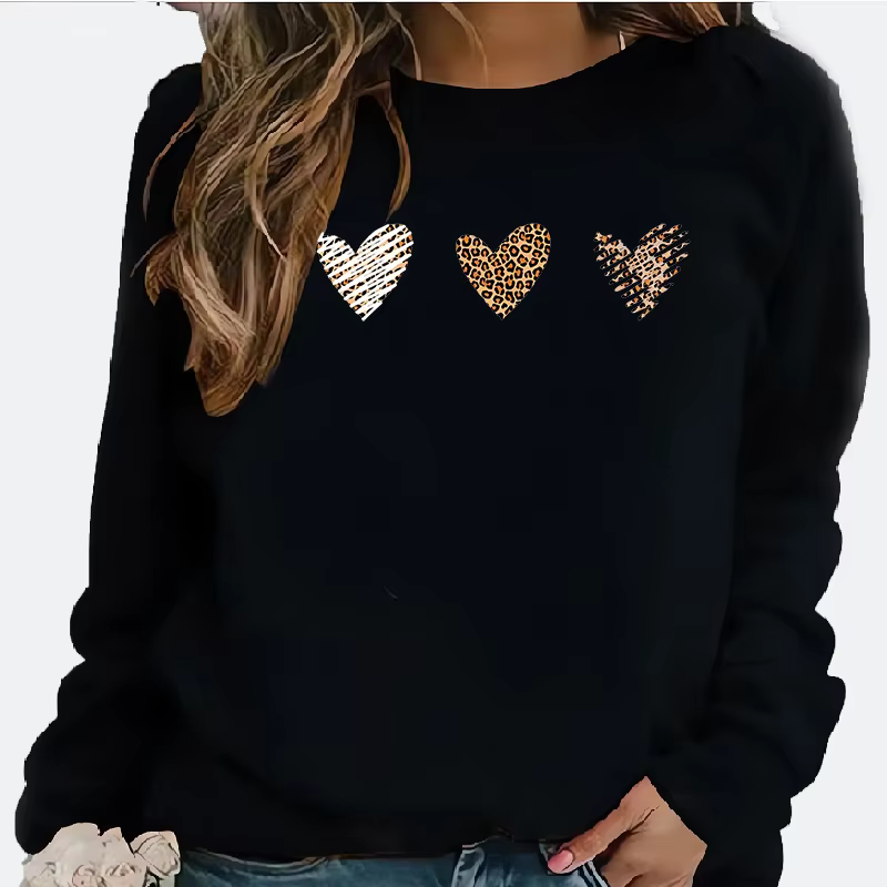 Sweat-shirt à col rond à motif de cœur imprimé léopard pour dames, sweat-shirt bandeau à la mode et
