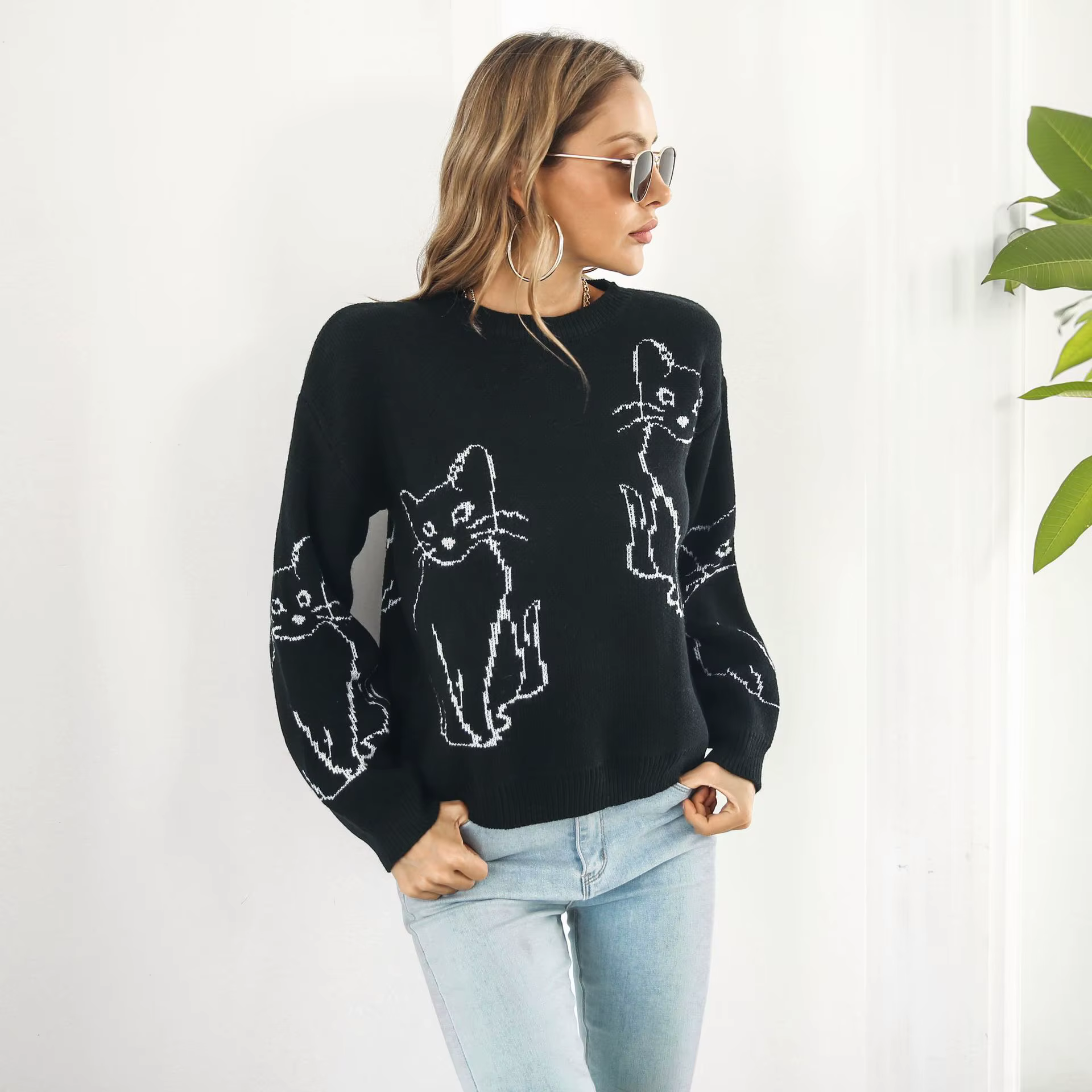 Pull Jacquard chat mignon pour femme, ample, tricoté à manches longues, à la mode, décontracté, nouv