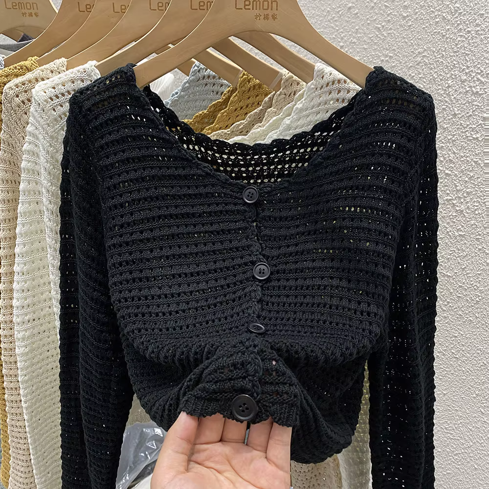Pointelle tricot Cardigan pour femmes à manches longues simple boutonnage pull veste culture ajouré