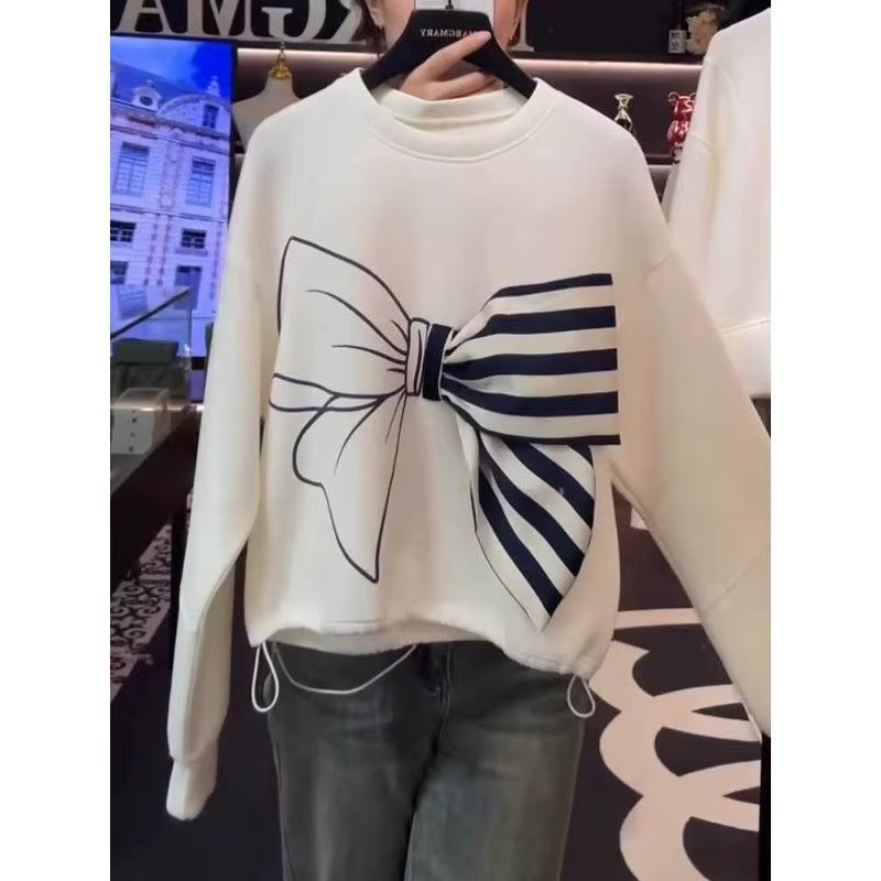 Sweat-shirt imprimé épissé avec nœud pour femme, haut décontracté, polyvalent, ample, col rond, nouv