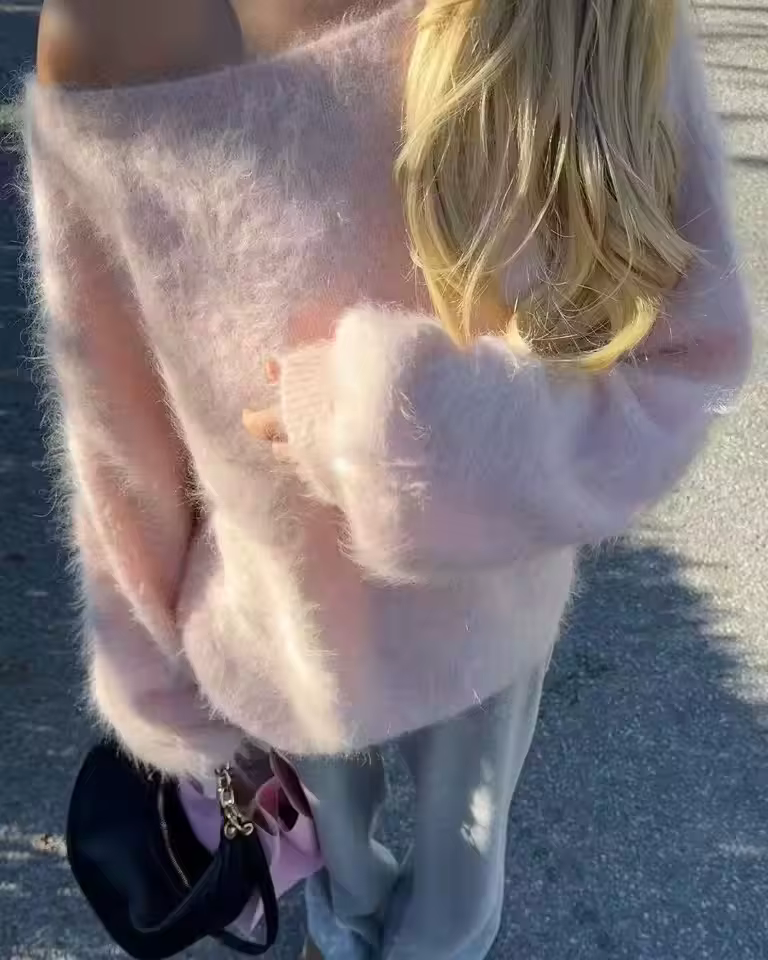 FSMG Fashion Pull court en mohair doux et moelleux pour femme, coupe ample, à épaules dénudées et co