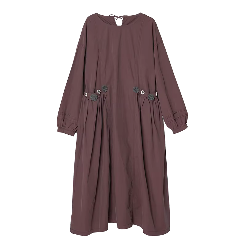 Imakokoni 2025 automne Carmine violet rétro Style littéraire coton lavé à la main-crochet robe mi-lo