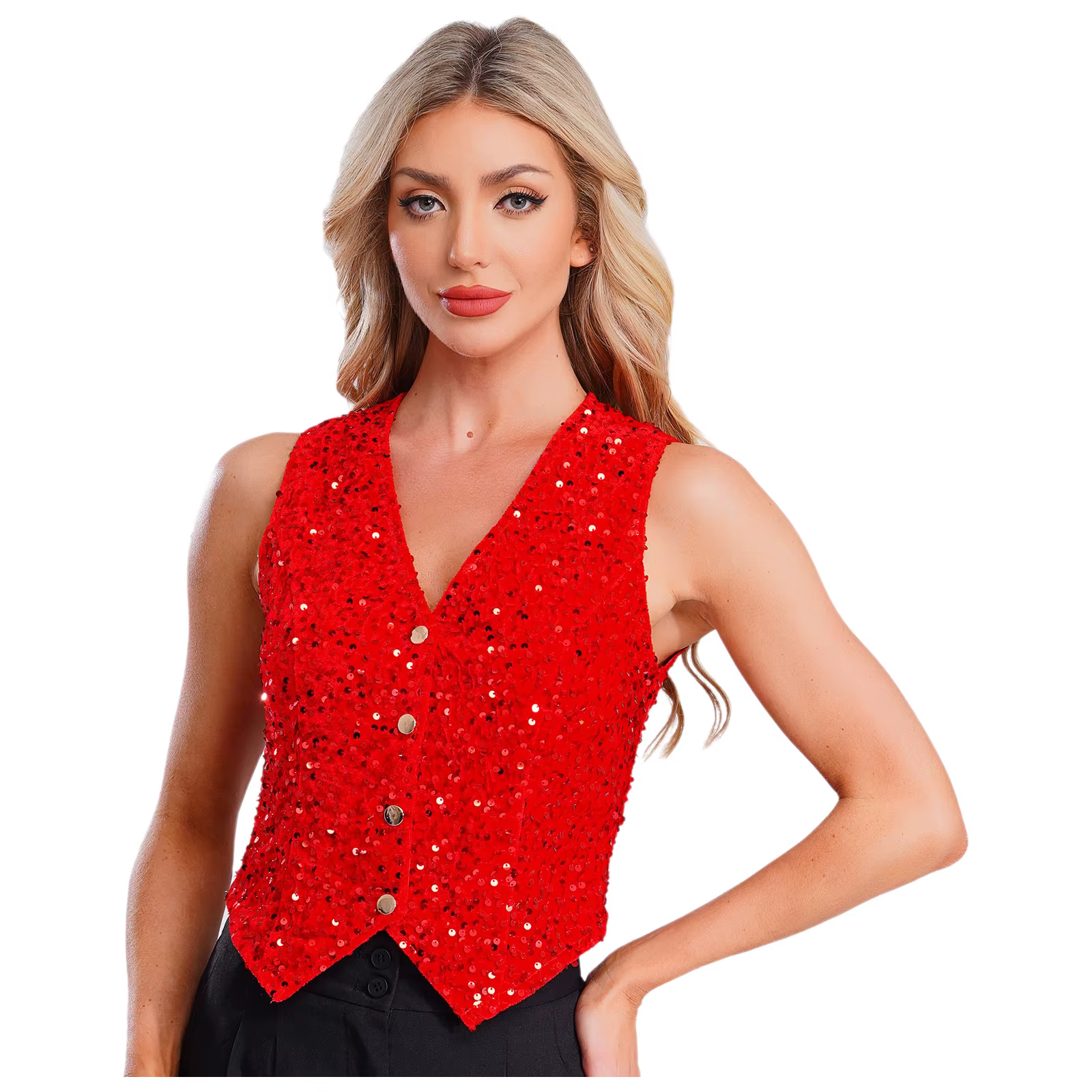 Gilets à paillettes pour femmes, col en v, à la mode, sans manches, hauts de fête, Clubwear, boîte d