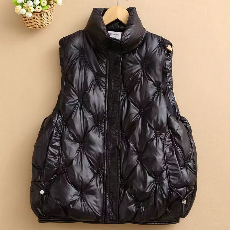 Gilet ample en coton pour femmes, col montant, finition brillante, sans lavage, sans manches, vêteme