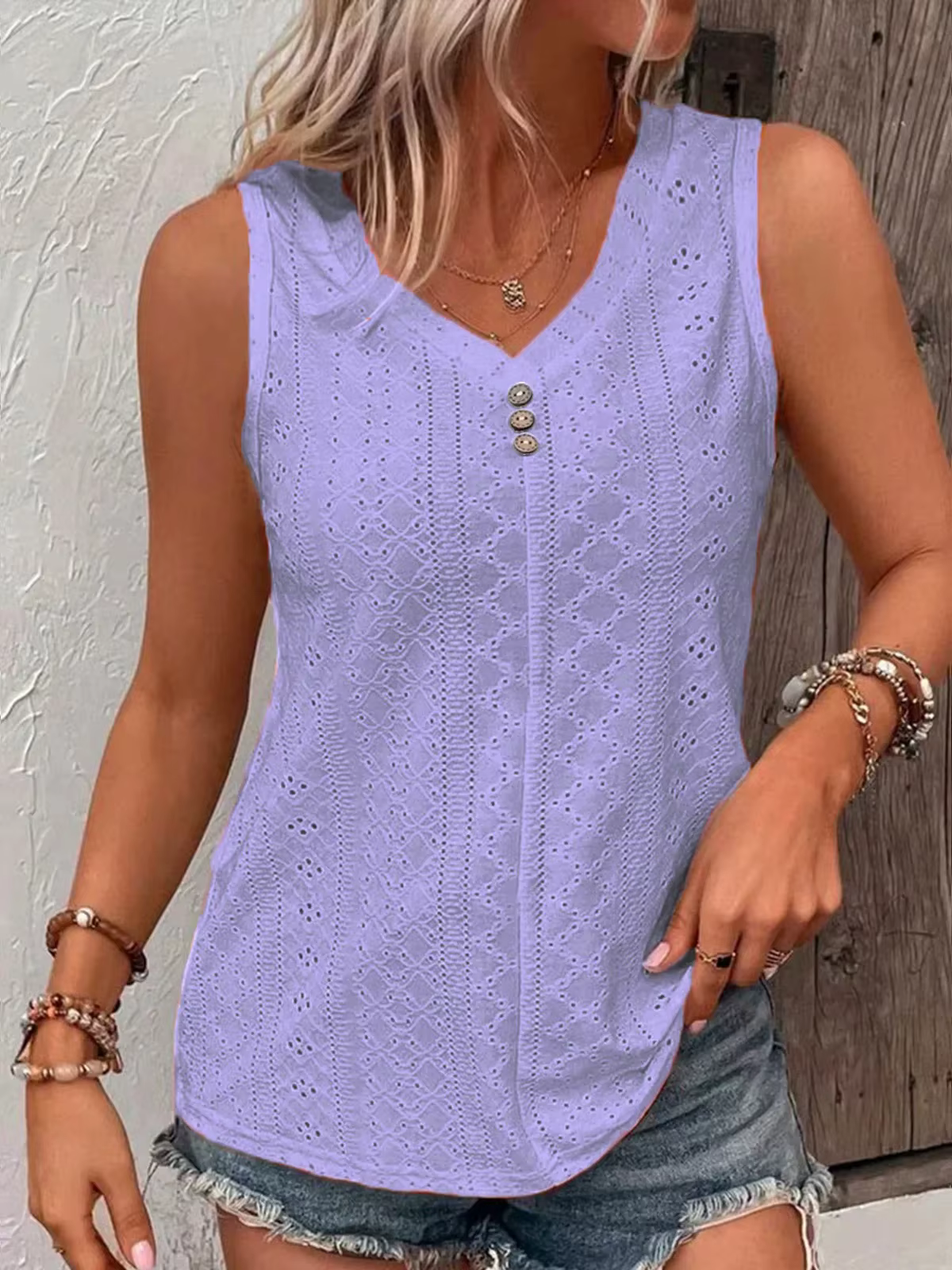 Nouveau débardeur d'été décontracté à col rond et boutons, couleur unie, pour femme - Collection tra