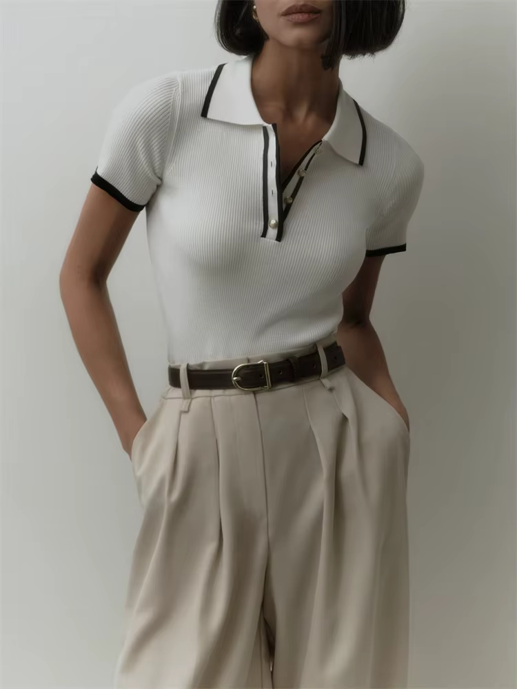 Pull en tricot pour femmes, manches courtes, Patchwork, revers Slim, élégant, contraste, haut en tri