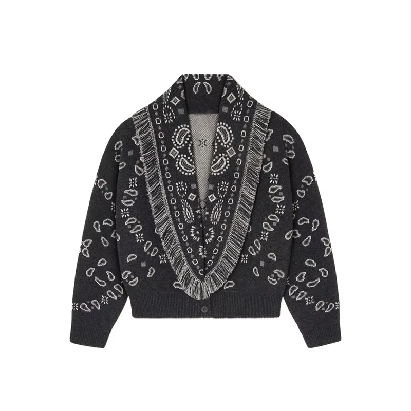 Cardigan imprimé Patchwork à franges pour femme, ceinture, col rabattu, manches longues, tricoté, pu