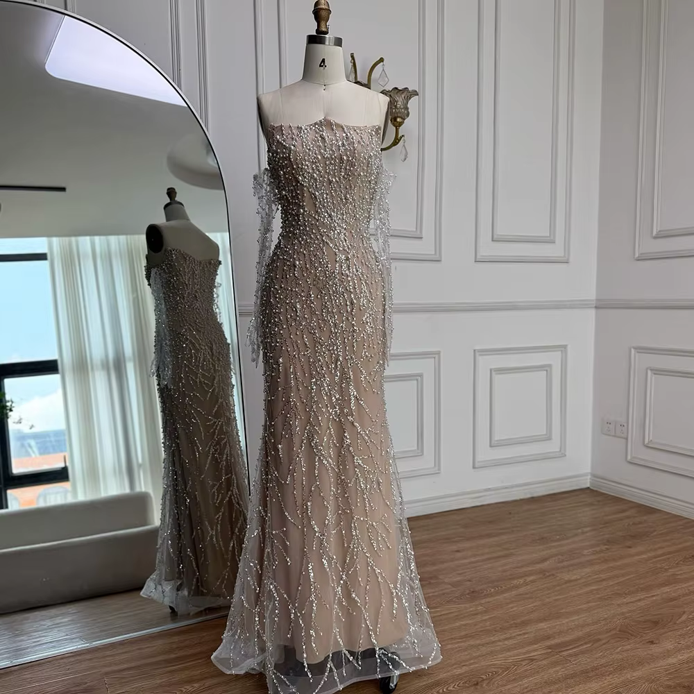 Robe de soirée de forme sirène pour femmes, tenue de soirée de luxe, arabe, couleur chair, perles, a