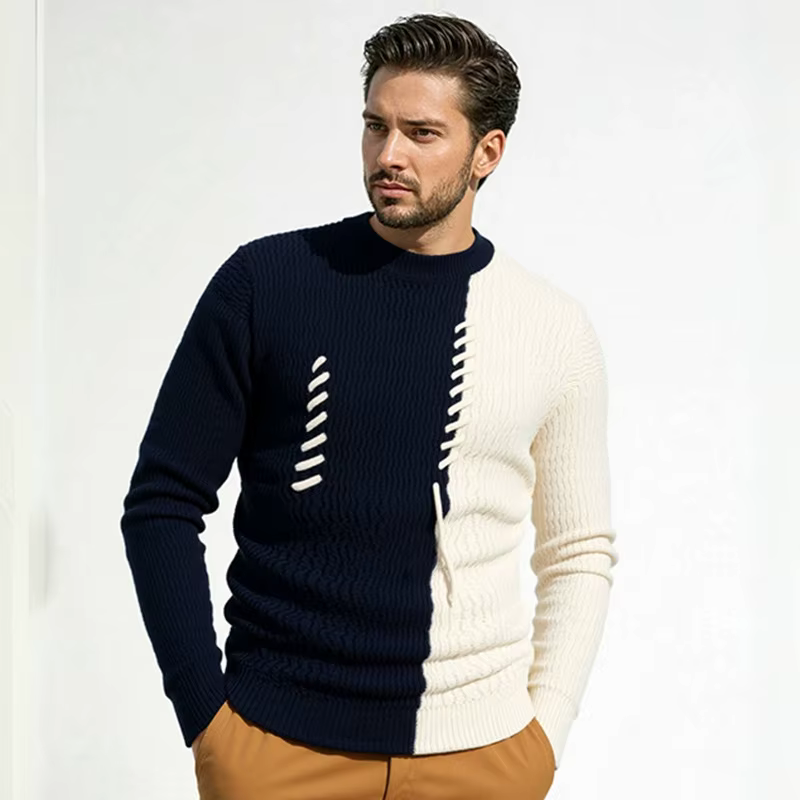 2025 automne hiver nouveau pull hommes col rond couleur bloquant pull Base