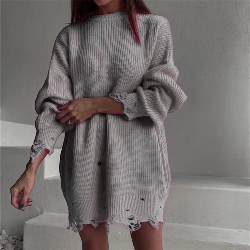 Pull ample à trous de couleur unie, Long, col rond, manches longues, tricoté, automne et hiver, 2025