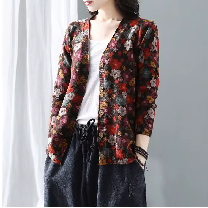 Cardigan à manches longues imprimé vintage pour femmes, pull polyvalent, tenue d'automne, design fin