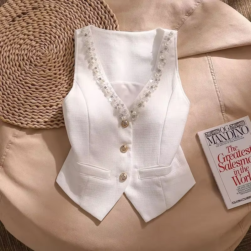 Gilet Camisole blanc pour femmes, gilet de costume, sans manches, petit Style parfumé, veste de cost