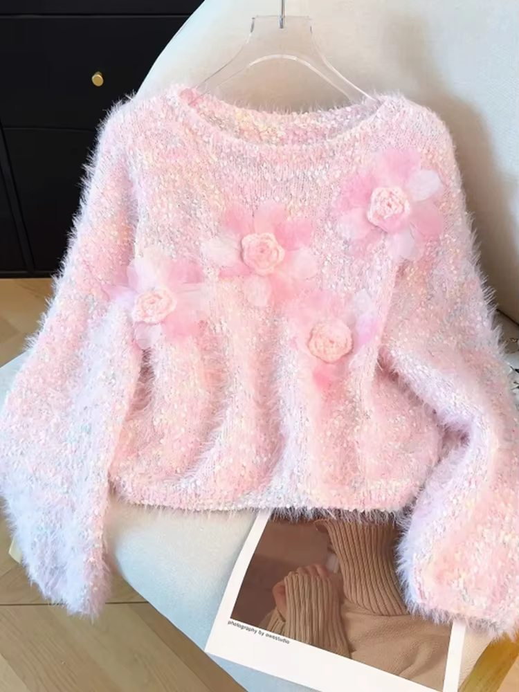 Pull-over élégant pour femme, couleurs douces, coupe ample, style décontracté, motif floral 3D, mign