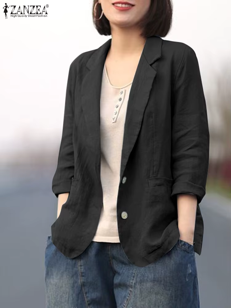 ZANZEA femme automne mode couleur unie Blazer élégant OL travail à manches longues revers cou coton
