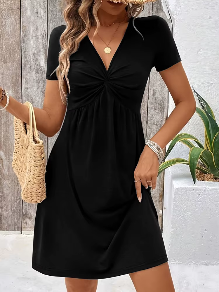 Robe Courte Décontractée Noire à Col en V Profond, Taille Torsadée, Manches Courtes, Coupe Trapèze, 
