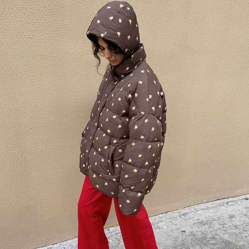 Manteau en coton à capuche imprimé fleur pour femme col montant poches zippées chapeau détachable ve
