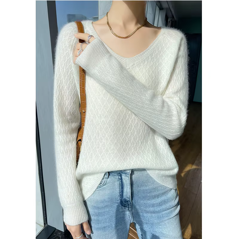Pull en cachemire à col en v pour femmes, torsadé en diamant, 100% pur cachemire creux au Crochet, m