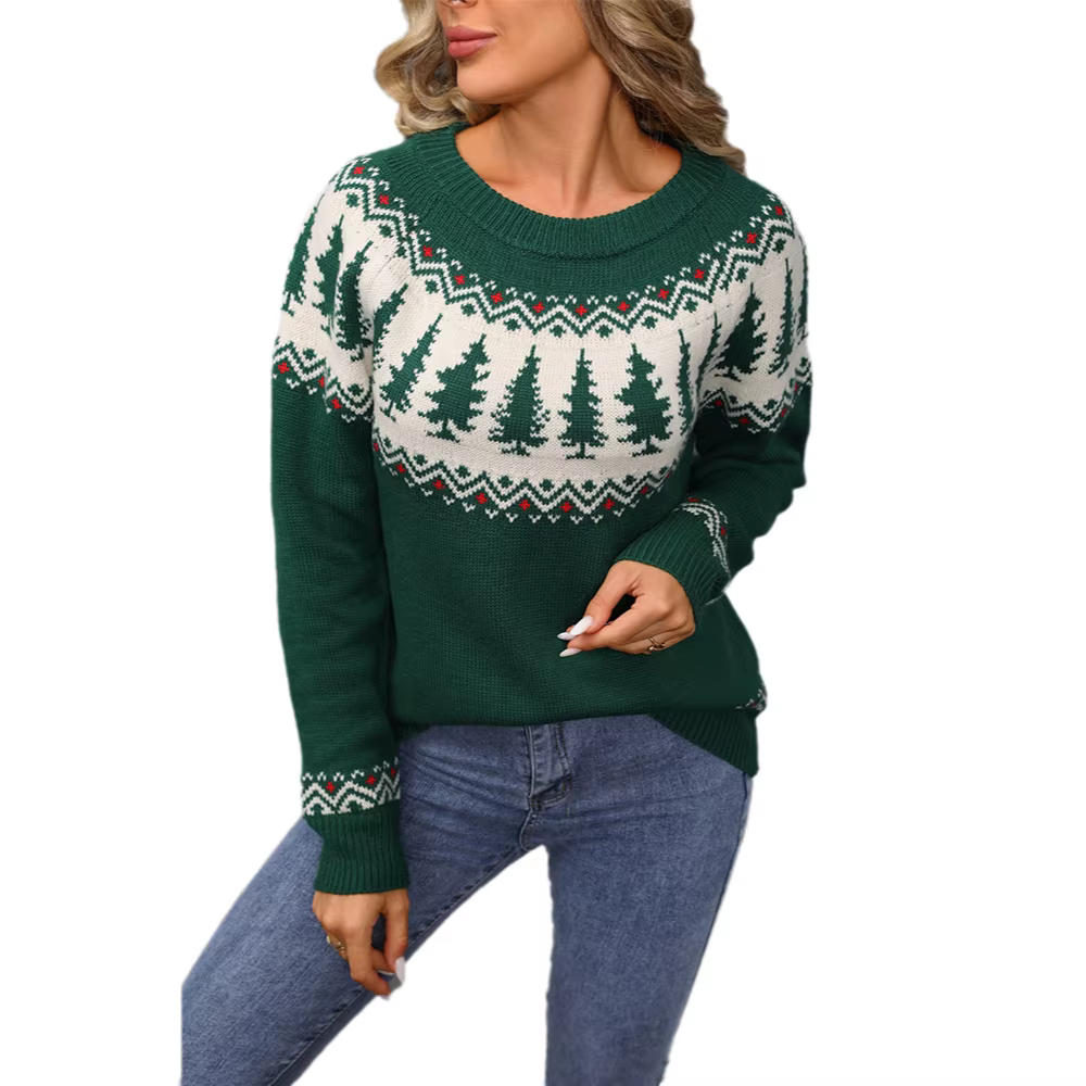 Pull de noël européen et américain pour femmes, col rond, Jacquard, arbre de noël vert, nouvelle col