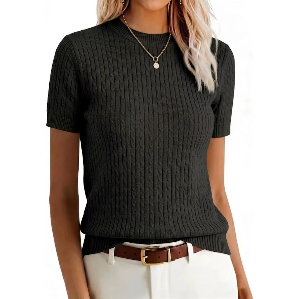 Pulls en tricot pour femmes, chemises d'été à manches courtes, col rond, pull décontracté, t-shirts 