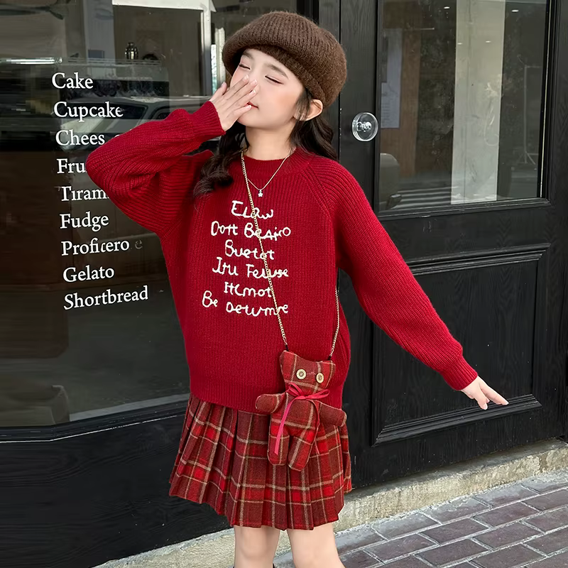 Ensemble de vêtements pull rouge pour adolescentes, haut tricoté à lettres brodées, jupe plissée à c