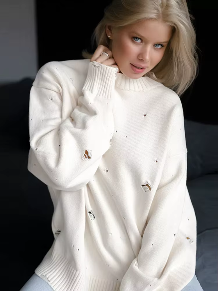 Pull tricoté en détresse pour femmes, nouvelle collection, trou ajouré, col rond, ample, début du pr
