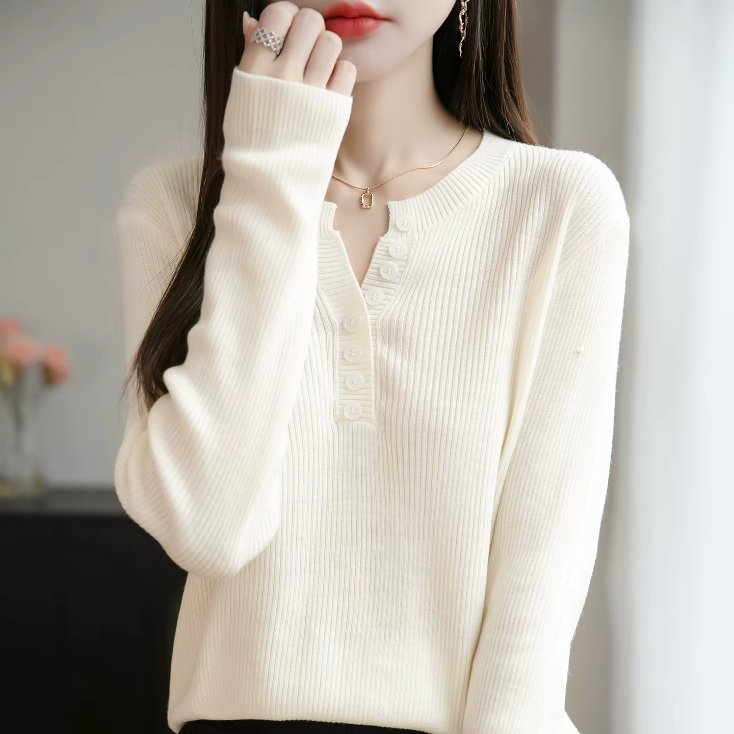 Laine peignée col rond pull femmes couleur unie bouton à manches longues haut automne hiver mode tri