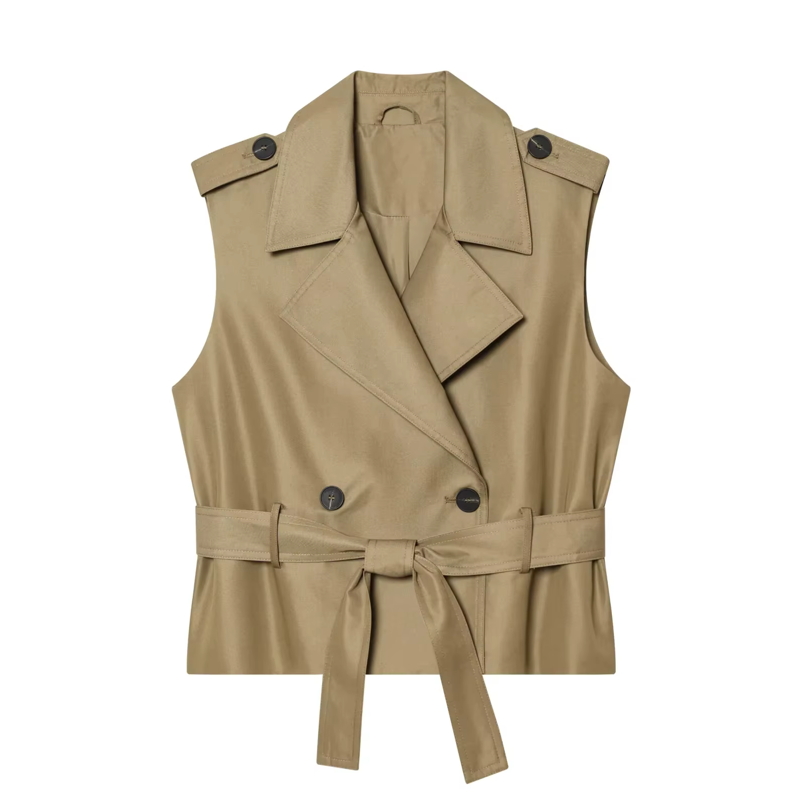 KONDALA Gilet Chic Décontracté Femme Kaki Uni à Bouton Unique et Nœud Ceinturé Sans Manches Nouvelle