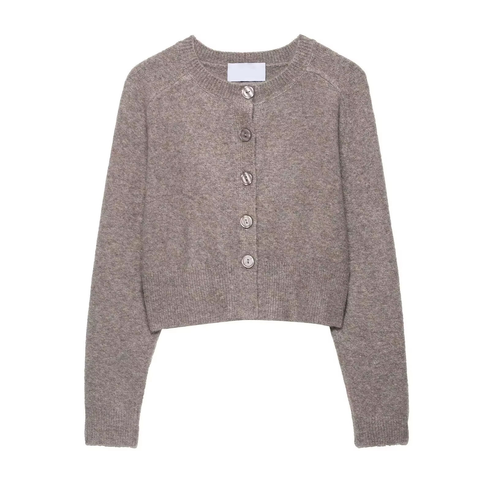 Cardigan tricoté kaki pour femme, pull court à col ras du cou, simple boutonnage, Vintage, décontrac