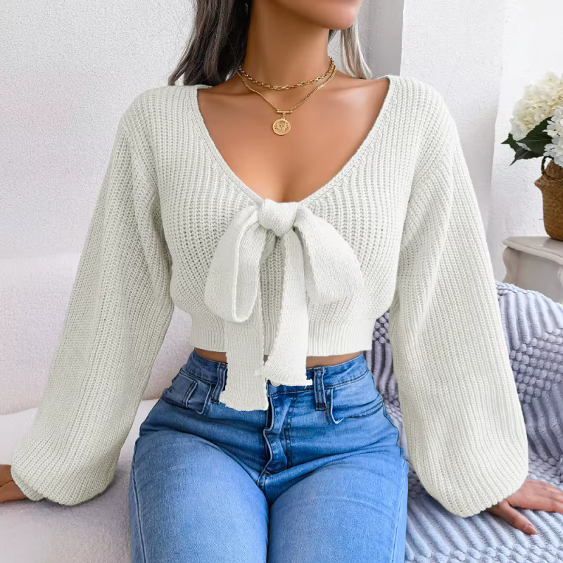Chandails décontractés à manches longues avec nœud pour femmes, mode d'hiver, col en V, pull court, 