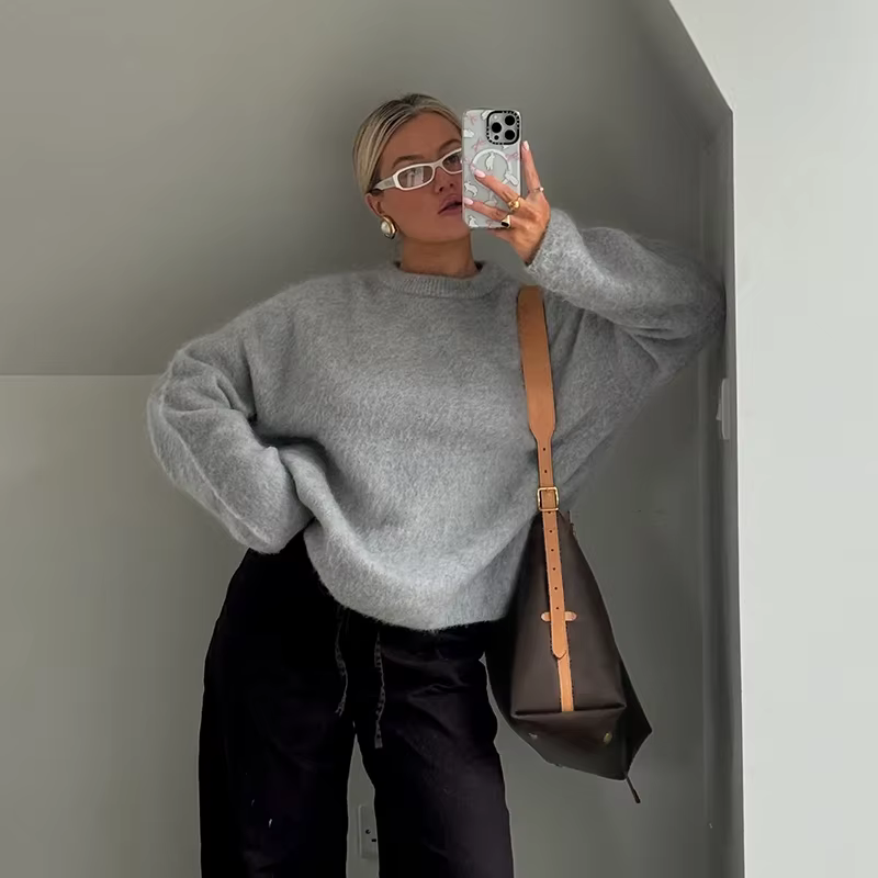 Femmes Beige noir rayé fourrure Mohair tricoté pull col rond manches longues manteau 2025 automne ch