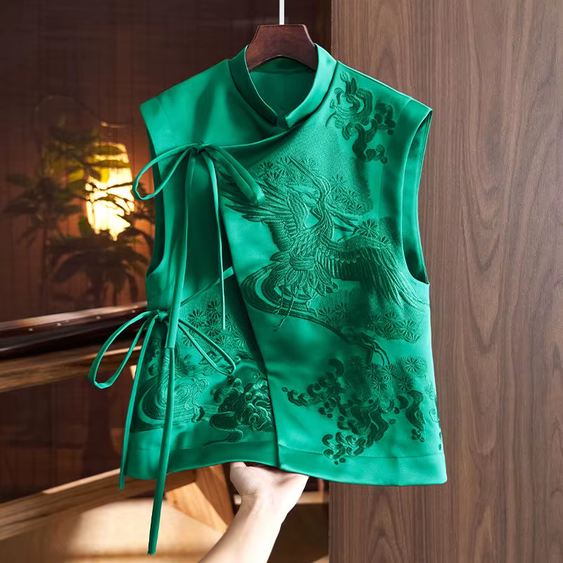 Gilet d'extérieur de Style chinois, grue blanche/fleurs, gilets à laçage brodés, Vintage, vêtements 