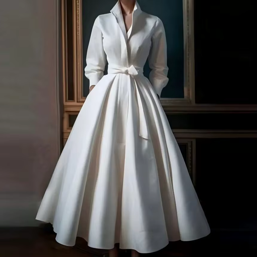 Eshin-Robes taille haute avec ceinture pour femmes, col montant, manches longues, mode féminine, nou