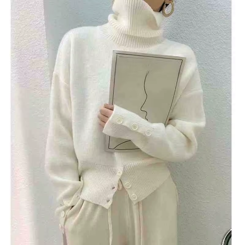 Pull en tricot à col roulé pour femme, manches longues, boutons, fente vers le bas, élégant, solide,