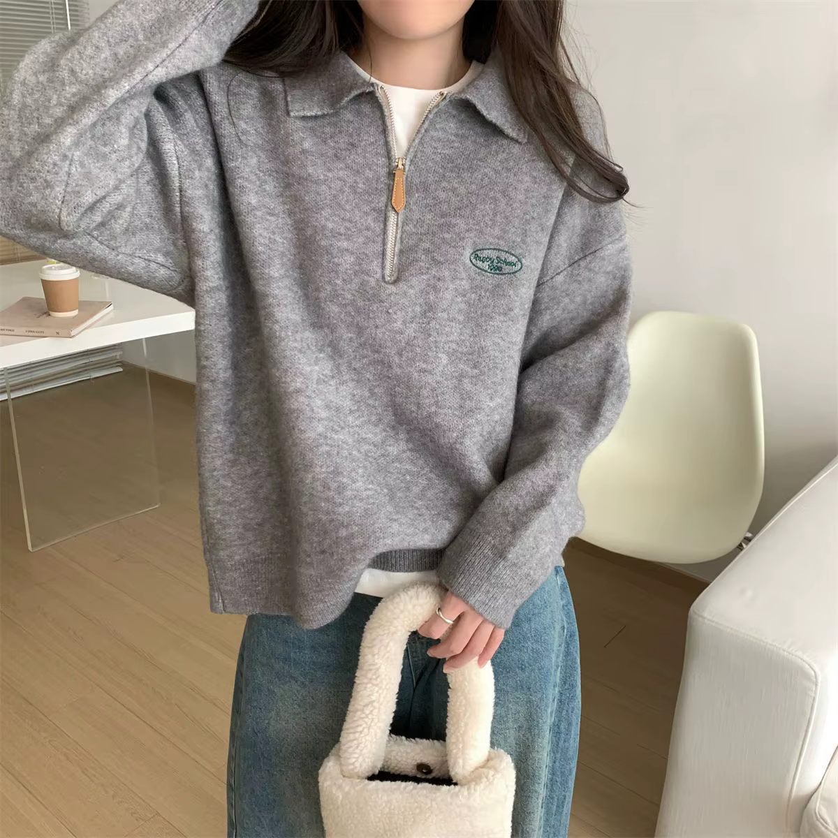 Version coréenne de Simple col Polo fermeture éclair haut pull en tricot femmes automne hiver 2025 n