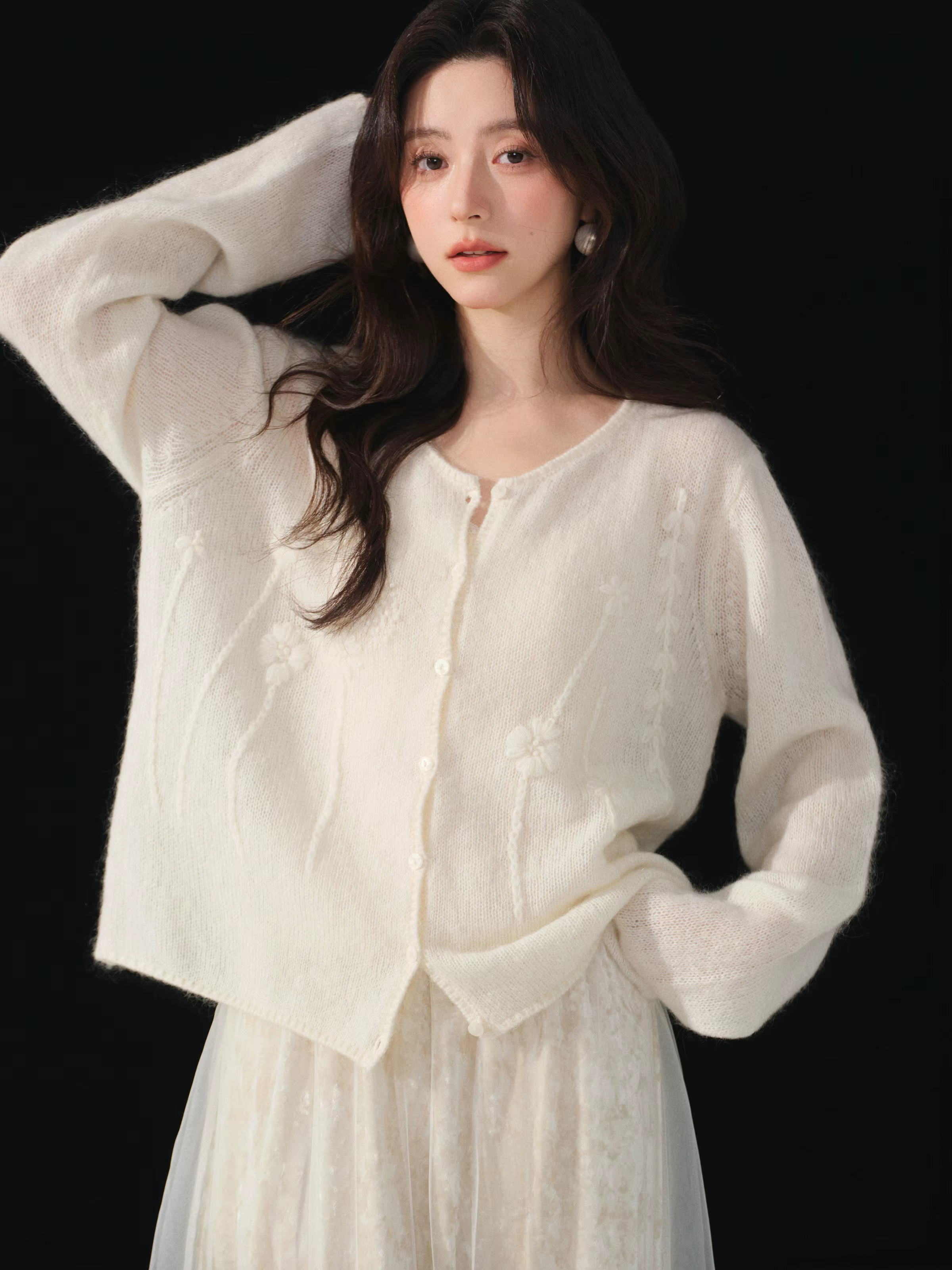 Cardigan en laine tricoté pour femme, col rond, manches longues, crocheté à la main, élégant et déco
