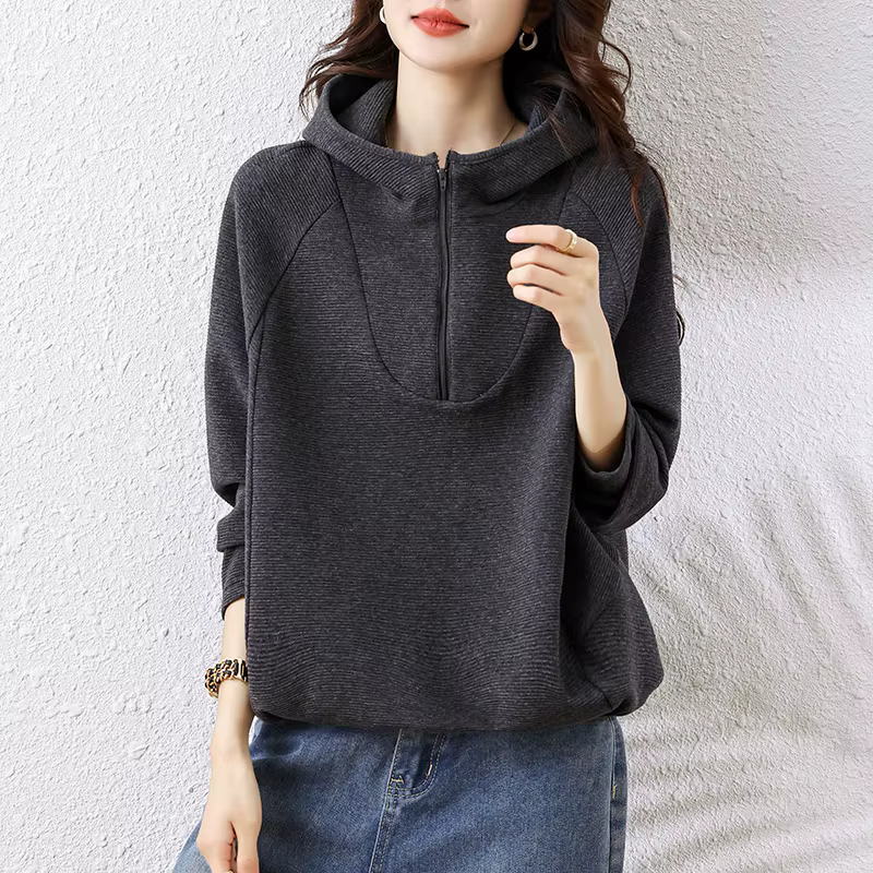 Sweats à capuche surdimensionnés à manches longues avec fermeture éclair, hauts gris foncé, pulls po