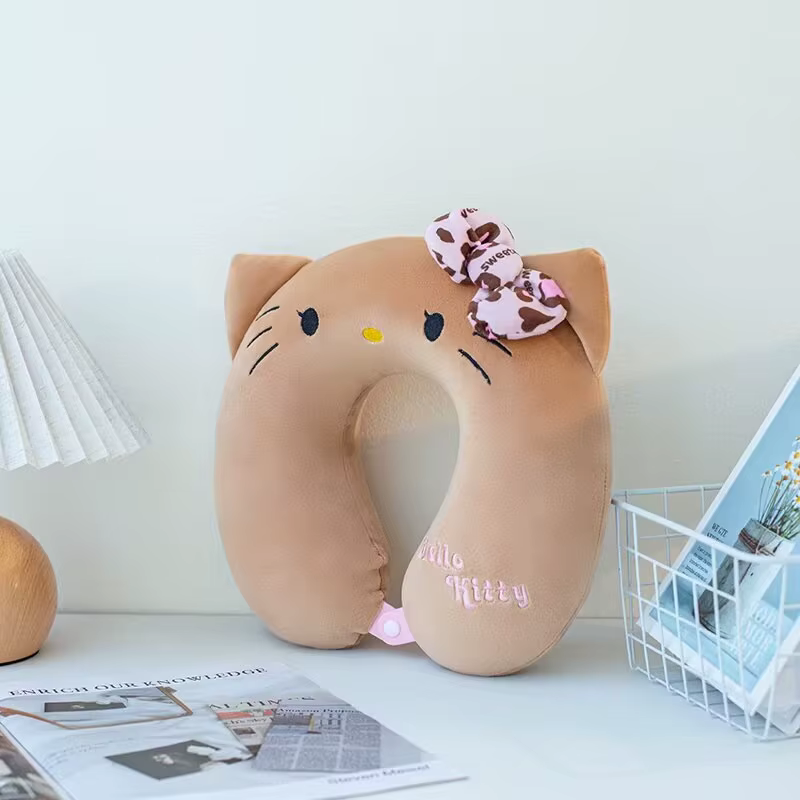 Oreiller cervical à capuche avec nœud léopard, dessin animé Hello Kitty, rempli de coton PP, oreille