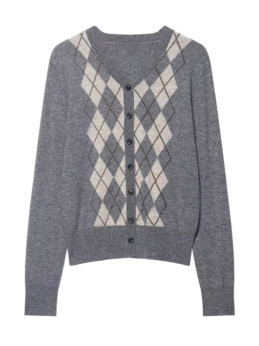 Cardigan gris à carreaux irréguliers pour femme, pull en tricot à simple boutonnage, décontracté, à 
